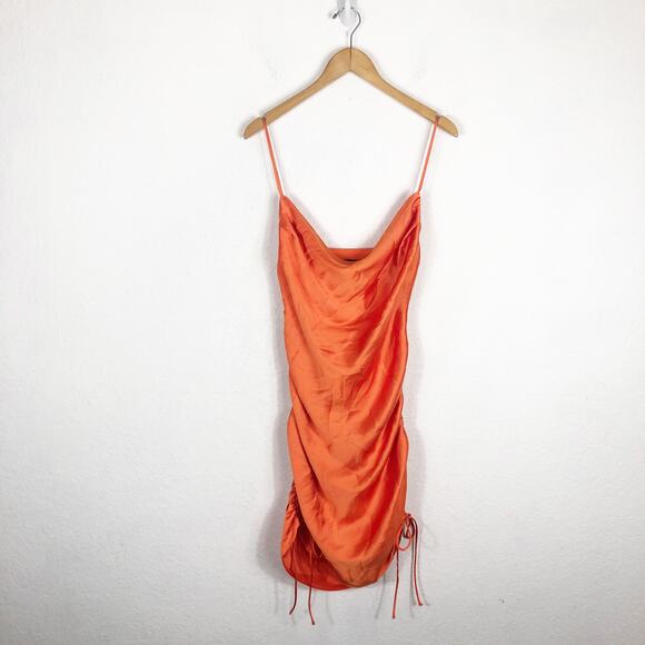 Zara Orange Satin Draped Effect Mini Dress Size Large Ruched Cocktail Halloween - Picture 3 of 14